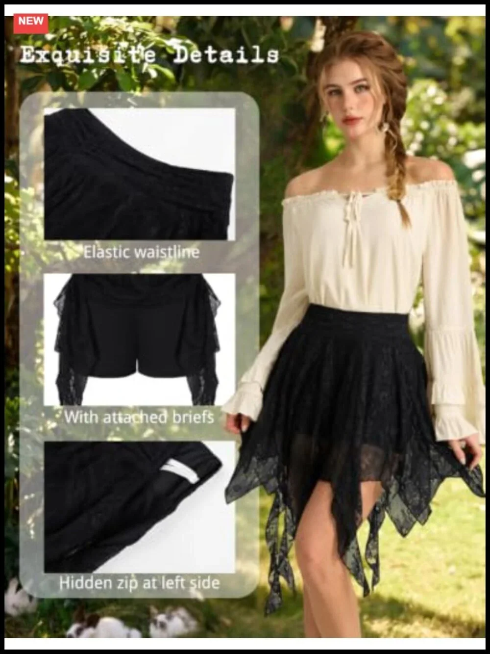 Women's High Waisted Lace Mini Skirt, Asymmetrical Ruffle Hem, Boho Renaissance